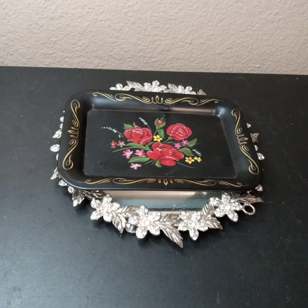 GORGEOUS Handpainted Black Toleware 4